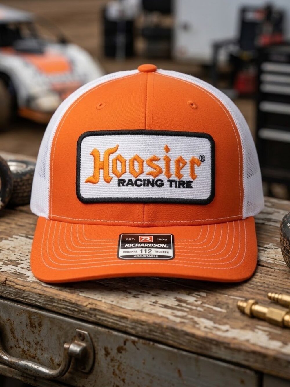 Vintage Hoosier Racing Tire Patch Orange White Richardson 112 Snapback Retro Cap